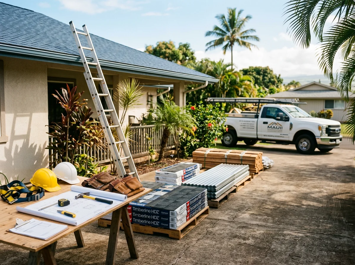 Professional roofing crew and tools on a residential job site, showcasing quality workmanship and safety equipment.