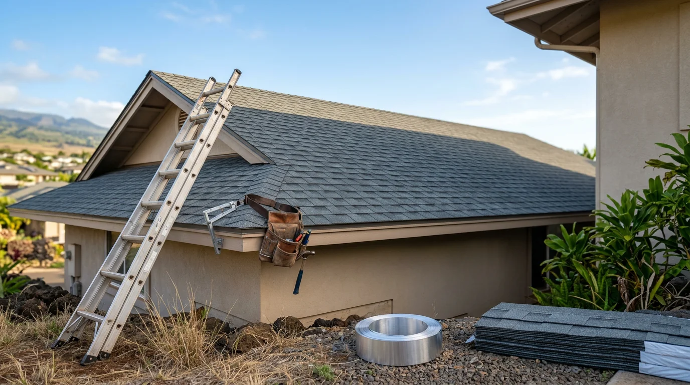 Roofer installing asphalt shingles on a residential home in Maui