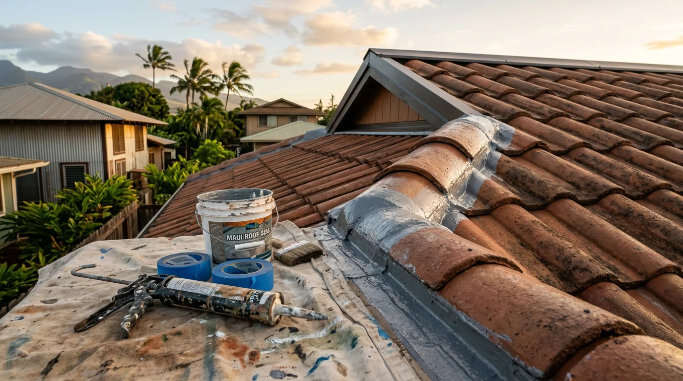 Waterproofing sealant being applied to roof flashing on a Maui home