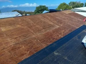 Flat roof with protective coating application, showing treated and untreated sections