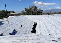 White membrane flat roof with penetrations and access hatches installed