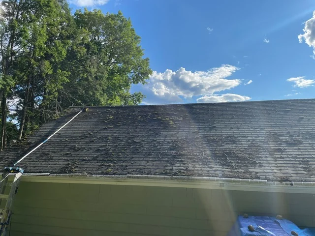 Asphalt shingle roof being cleaned with pressure washing equipment and gutters