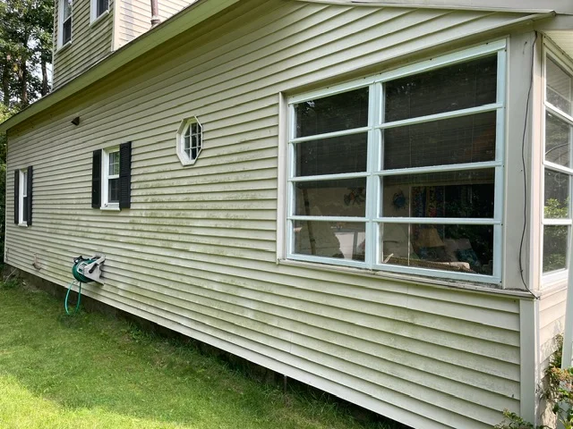 Sage green vinyl siding with white trim and multi-pane window installation on residential home