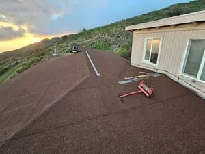Dark asphalt shingles installed on steep residential roof with white trim building visible