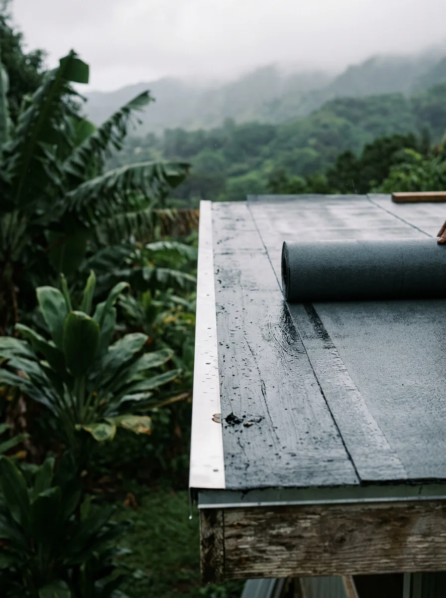 Close-up of roll-on roofing membrane being applied to a flat-roof section on an older Hana home, showing the sealed surface and edge flashing against a wet tropical landscape.
