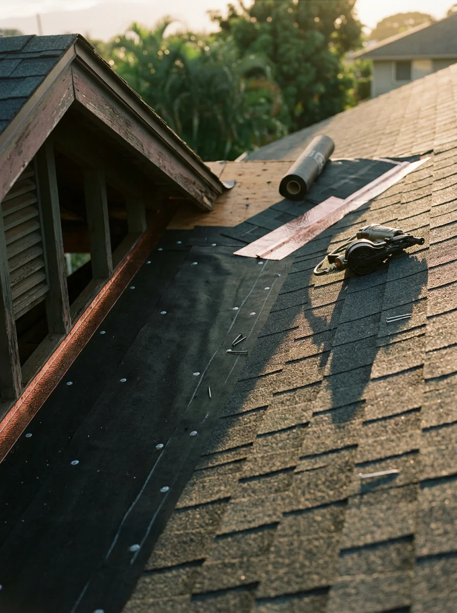 Close-up of new asphalt shingles being laid on a post-1948 Kahului residential roof, showing underlayment detail and valley flashing.