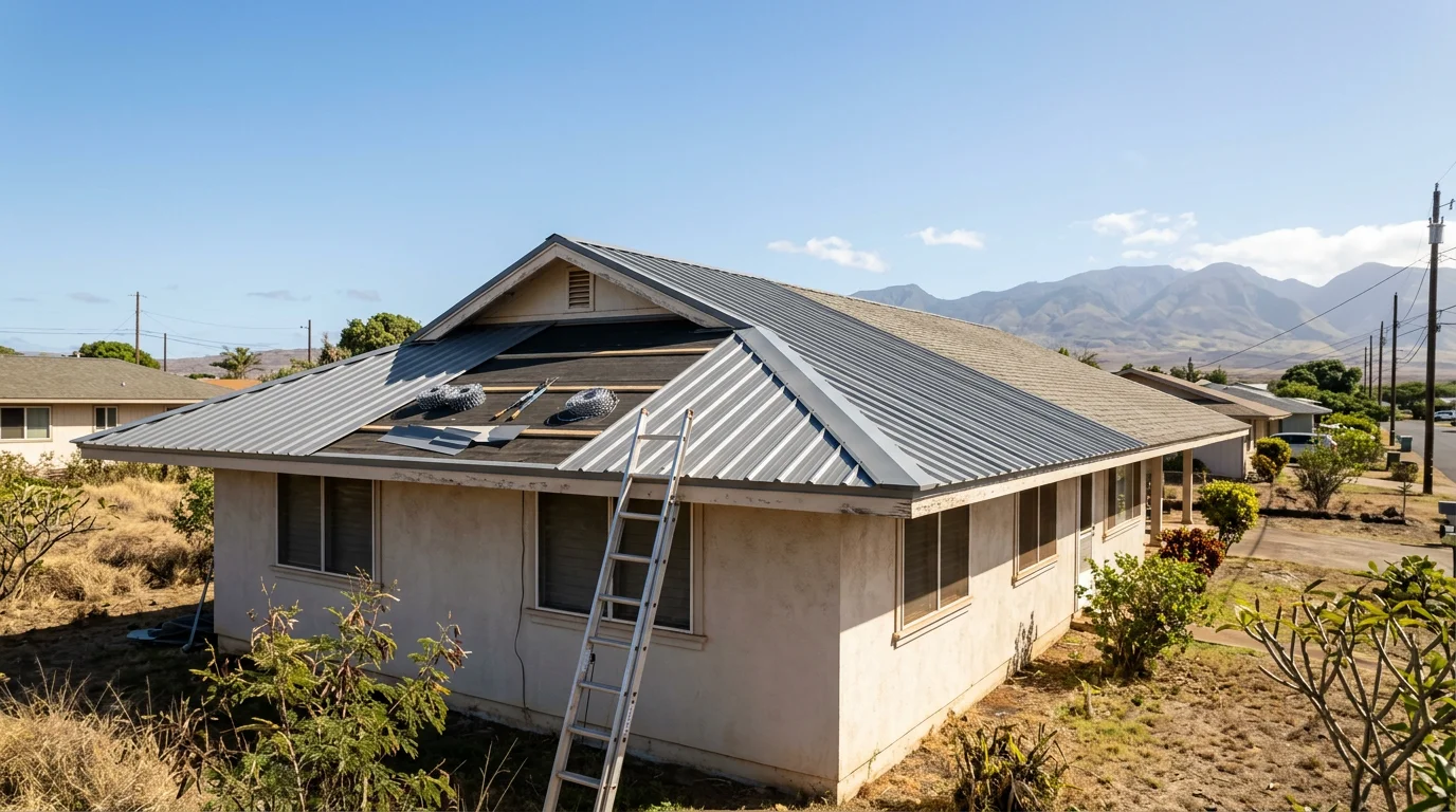 A roofer installing corrugated metal panels on a single-family home in Kahului, Maui, with the West Maui Mountains visible in the background.
