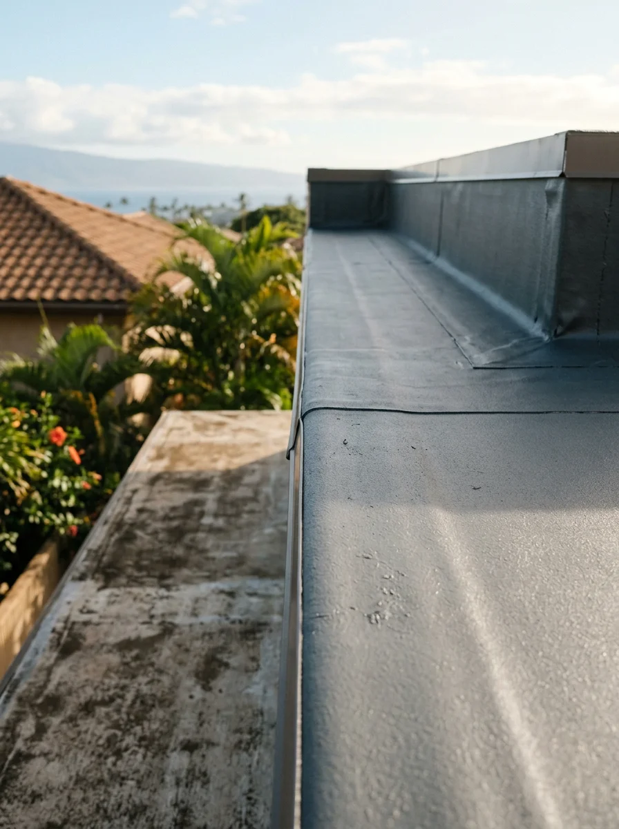 Close-up of roll-on roofing membrane being applied to a flat-roof section on a Kihei home, showing the smooth surface and edge flashing detail.