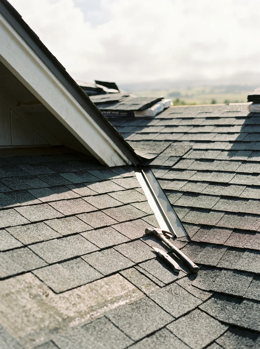 Close-up of asphalt shingles being installed on a lower Kula residential roof, showing UV-rated shingle texture and valley flashing detail against a bright Upcountry sky.