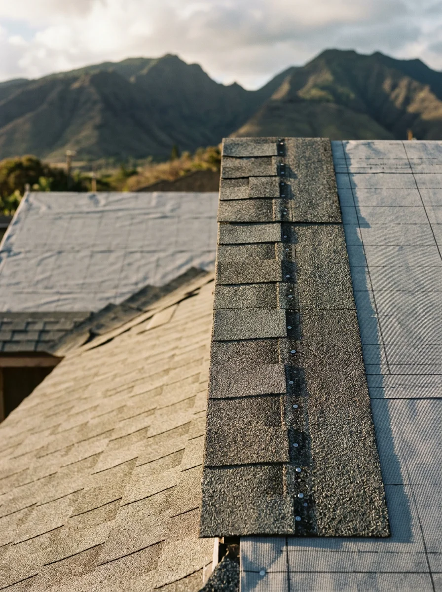 Close-up of asphalt shingles being replaced on a surviving home in the Lahaina corridor, showing new shingle installation over fresh underlayment with the West Maui Mountains behind.