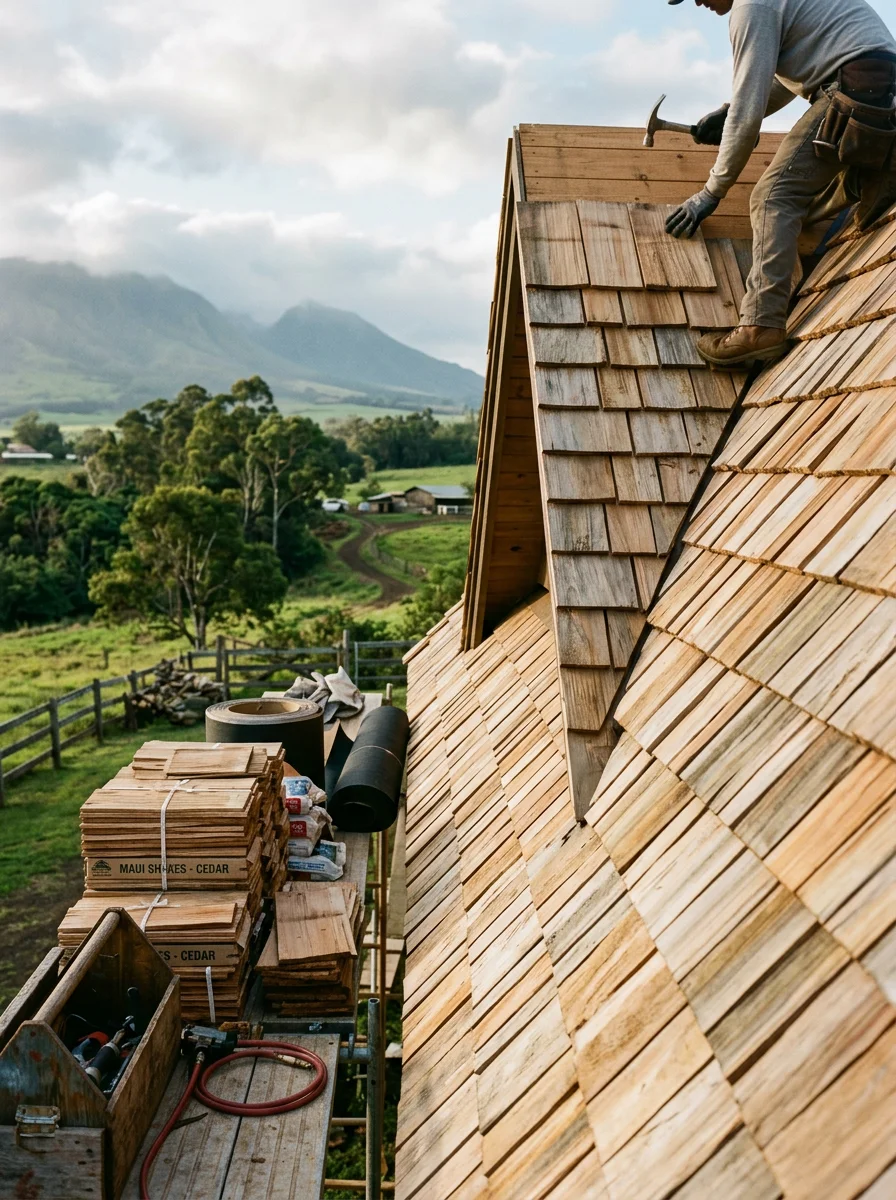 Wood shake roofing being installed on a large ranch-style home in the Olinda area above Makawao, showing the layered shake pattern against a green upcountry landscape.