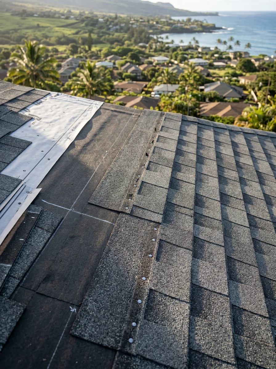 Close-up of asphalt shingles being installed on an older Paia residential roof, showing new shingle layering over underlayment with the compact North Shore neighborhood visible below.