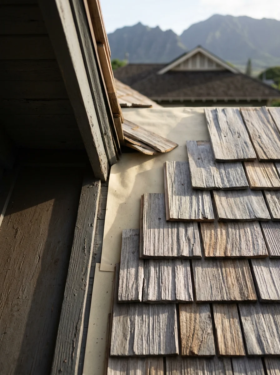 Detail view of wood shake roofing being installed on a historic Wailuku home, showing the layered shake pattern and underlayment beneath.