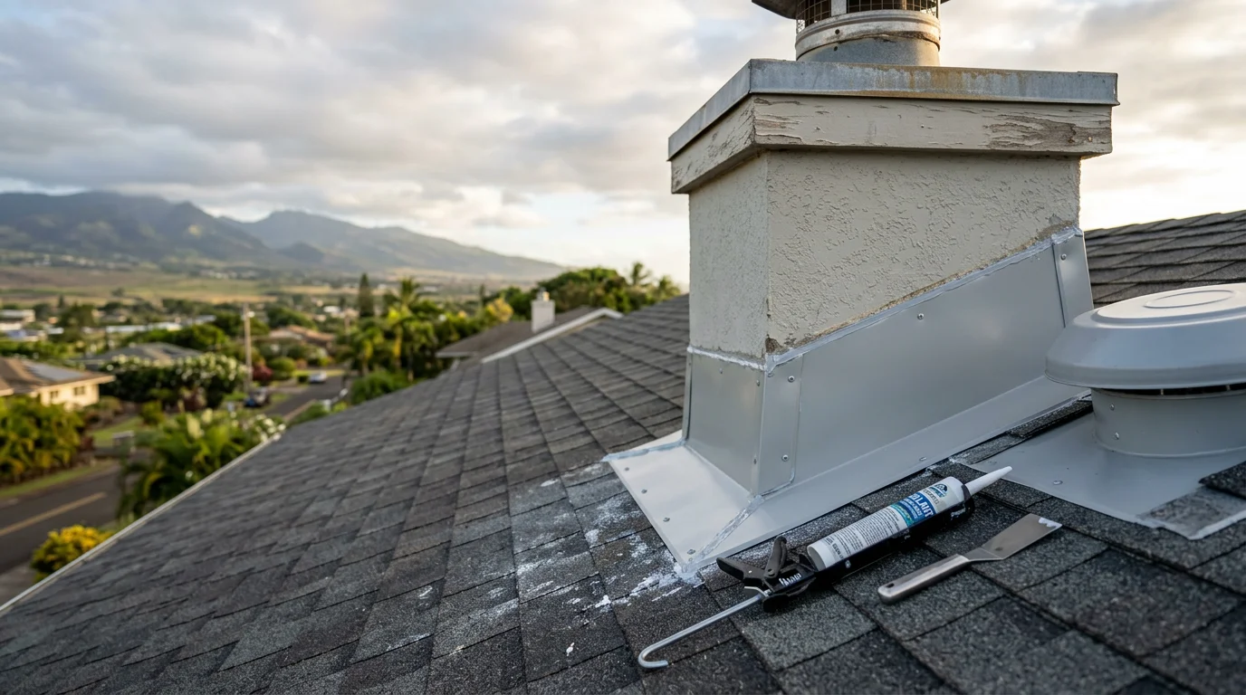 Close-up of professionally sealed roof flashing around a vent pipe on a residential roof in Kahului, Maui, showing clean metal joints and fresh waterproof sealant applied at the seam.