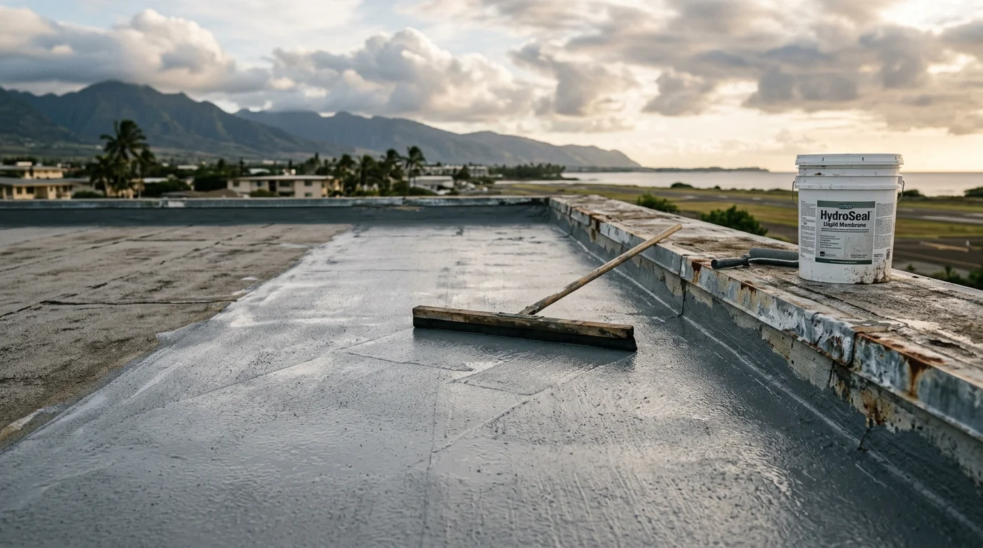 A flat roof on a residential property in Kahului, Maui, showing a freshly applied waterproof membrane with no pooling water or surface cracks. The surrounding landscape reflects central Maui's open sky and trade wind conditions.