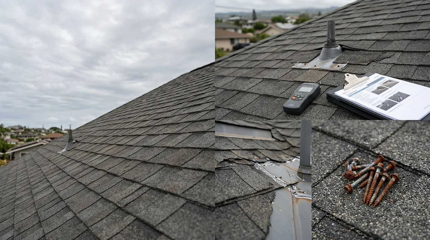 A roofing contractor from J's Quality Roofing inspecting the flashing and surface of a residential roof in Kahului, Maui, with the central Maui landscape visible in the background.