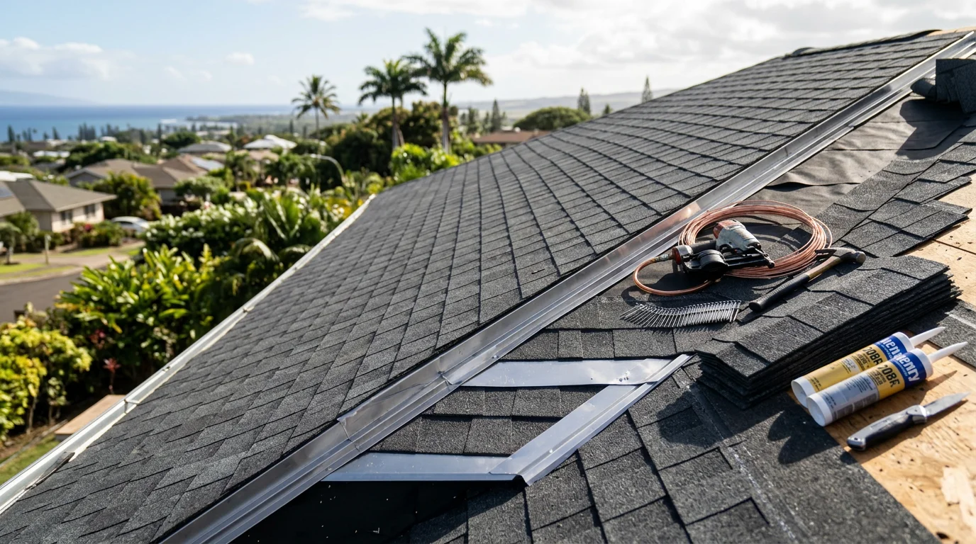 A newly installed roof on a single-family home in Kahului, Maui, with clean ridge lines and finished flashing visible against a clear blue sky. The surrounding landscape reflects the dry, open terrain of central Maui near the coast.
