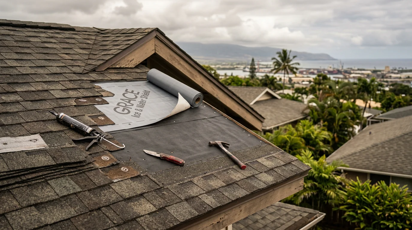 A Kahului residential rooftop showing a completed roof leak repair on a sun-exposed field of roofing material, with the West Maui Mountains visible in the background. Close view of the repaired area with clean, weather-tight edges against a clear Maui sky.