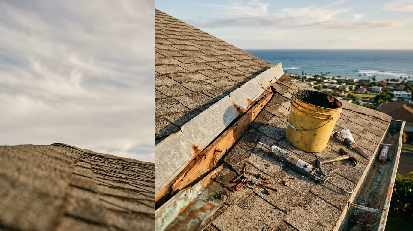 A roofing contractor inspecting and cleaning the gutters and flashing on a residential roof in Kahului, Maui, with the island's central isthmus visible in the background. Close-up view shows weathered roofing surface and maintenance work in progress under clear tropical sky.
