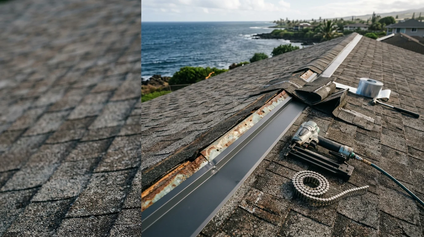 A roofing contractor repairing wind-damaged flashing on a residential roof in Kahului, Maui, with the central Maui coastal plain visible in the background. Close-up view shows a roofer resealing a lifted roof edge on a single-family home.