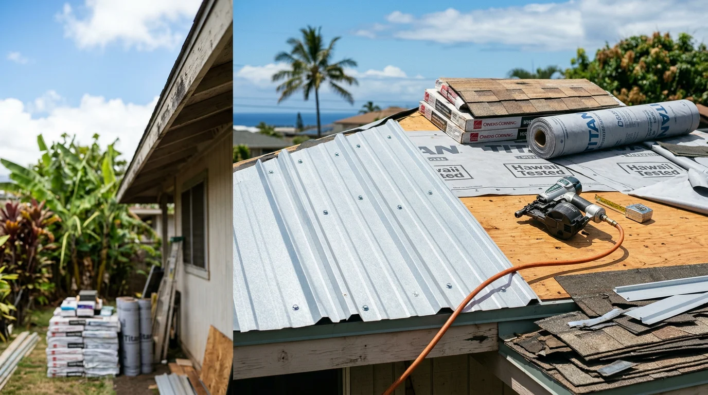 A freshly completed roof replacement on a single-family home in Kahului, Maui, showing new roofing material and clean ridge lines under clear island skies. The surrounding neighborhood and palm trees reflect the coastal Central Maui setting.