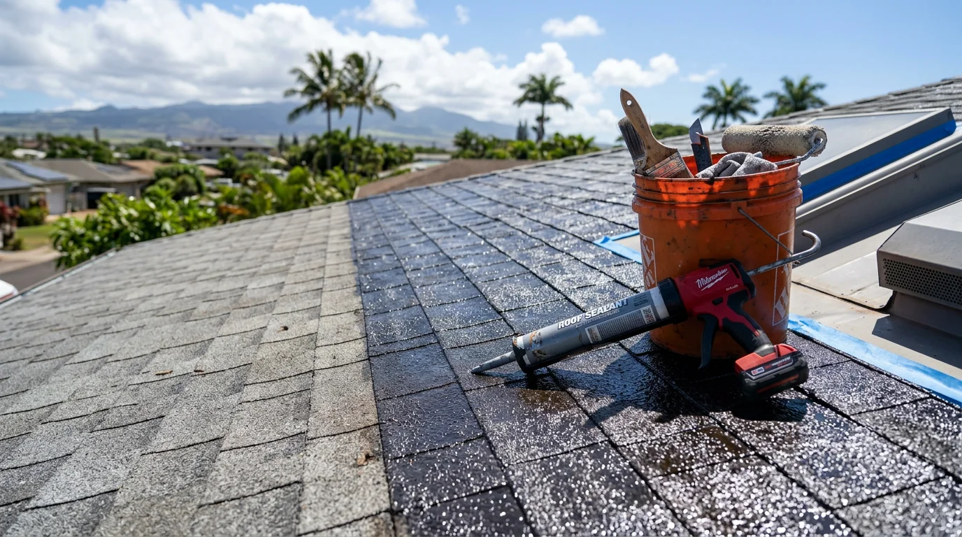 A freshly sealed residential roof in Kahului, Maui, with an even, smooth surface coating applied across the full roofline. The surrounding landscape and clear sky reflect the island's high-sun, trade-wind environment.